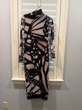 Prabal Gurung Black and Blush Butterfly-Print Midi Dress